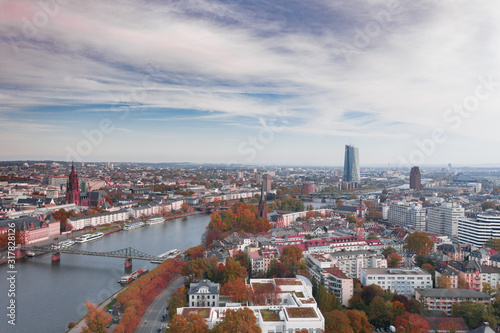 Frankfurt am Main Germany aerial view towards the city from the main river. 10.12.2019 Frankfurt am Main Germany.