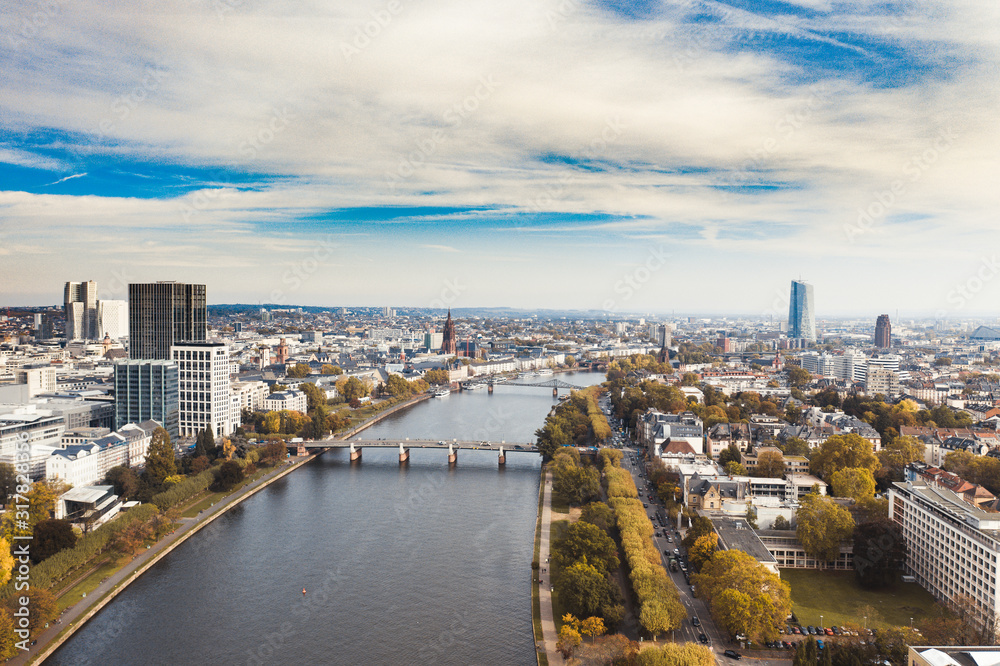 Frankfurt am Main Germany aerial view towards the city from the main river. 10.12.2019 Frankfurt am Main Germany.