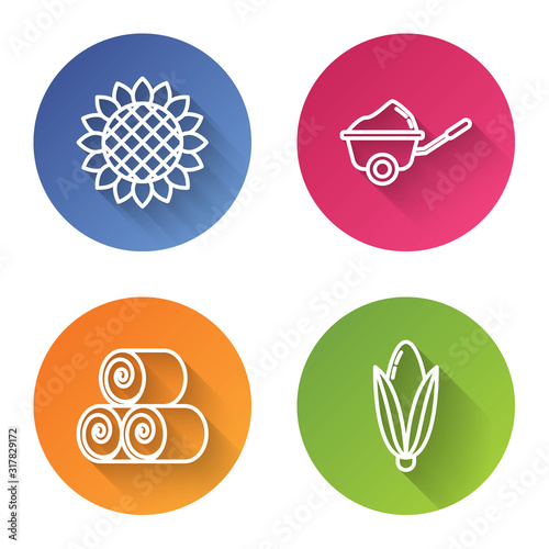 Set line Sunflower, Wheelbarrow with dirt, Roll of hay and Corn. Color circle button. Vector