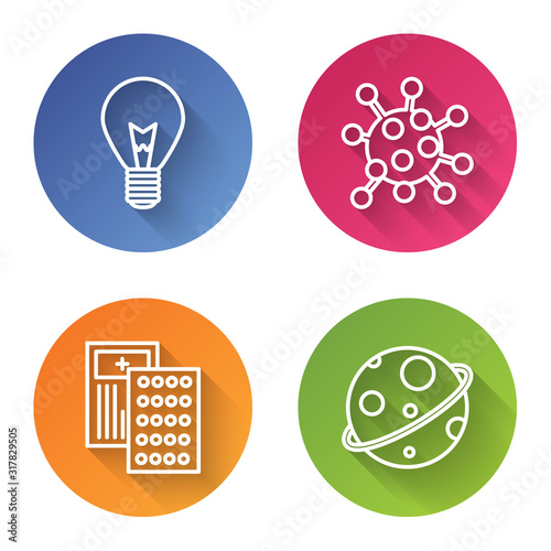 Set line Light bulb with concept of idea, Bacteria, Pills in blister pack and Planet. Color circle button. Vector