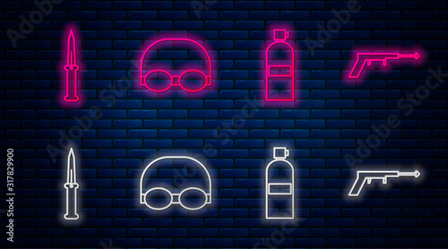 Set line Glasses and cap for swimming, Aqualung, Army knife and Fishing harpoon. Glowing neon icon on brick wall. Vector