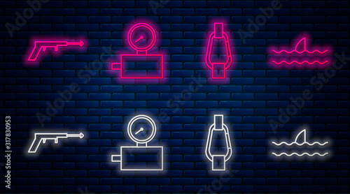 Set line Gauge scale, Carabiner, Fishing harpoon and Shark fin in ocean wave. Glowing neon icon on brick wall. Vector