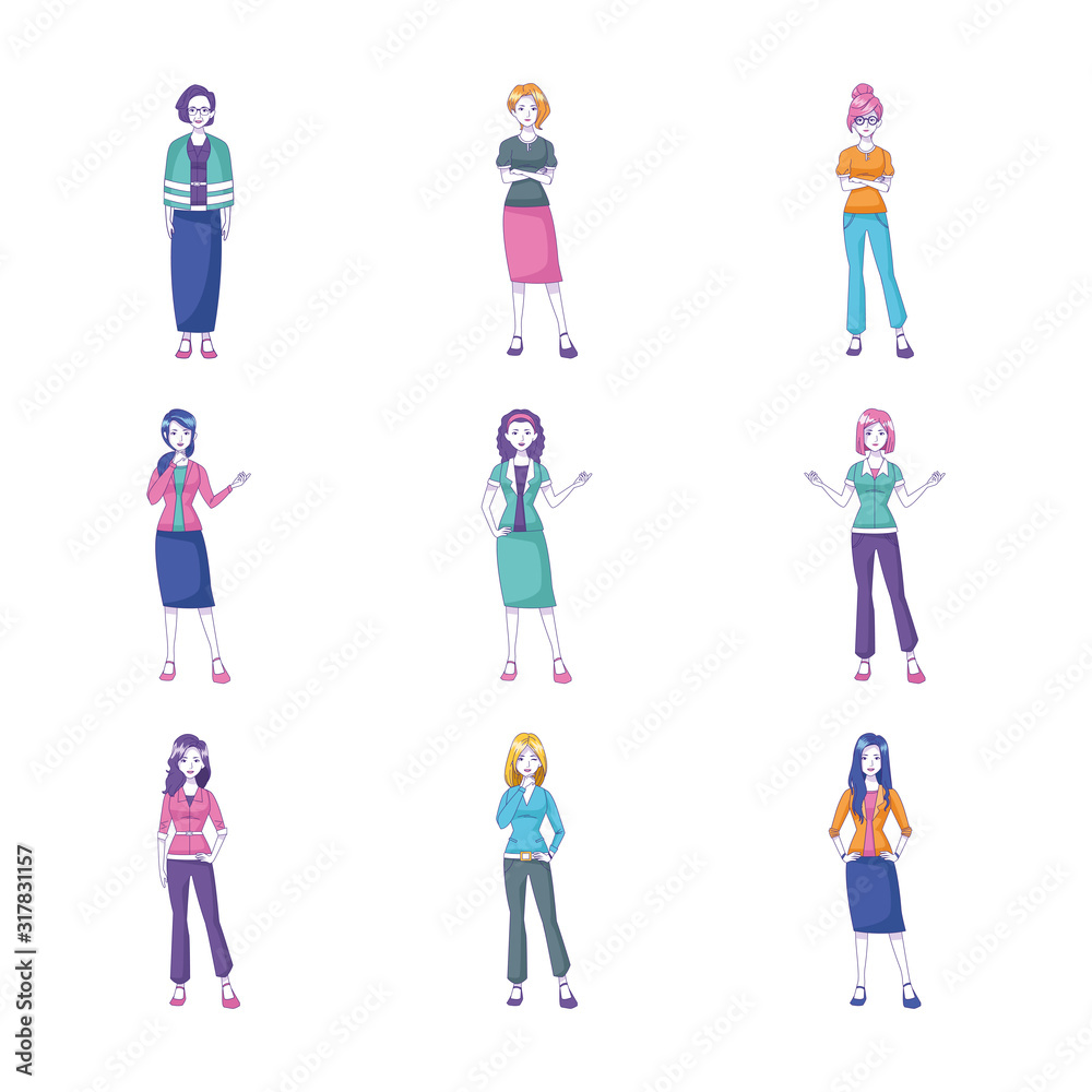 cartoon women standing icon set, colorful design