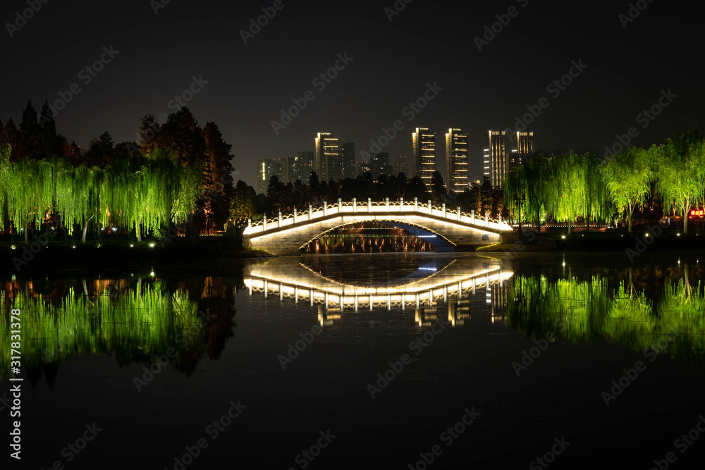 Night view of Chinese bridge with light decoration at East Lake and city skyline Night view of Chinese bridge with light decoration at East Lake and city skyline