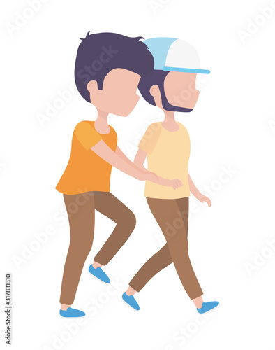 men young characters walking cartoon