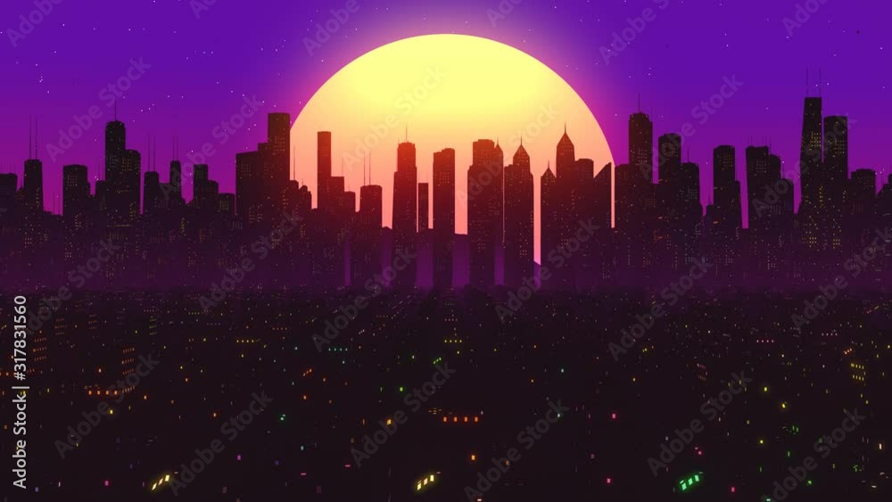 3d animation loop of animated city at night time