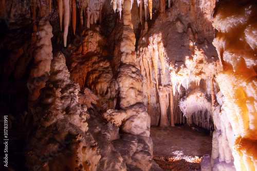 Big stalagmite and flowstone formations. Yarrangobilly Caves, Kosciuszko National Park, NSW, Australia.