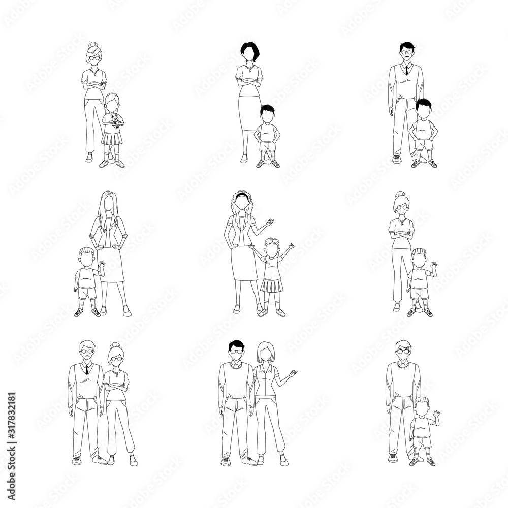 icon set of cartoon people standing with kids, flat design icon set of cartoon people standing with kids, flat design