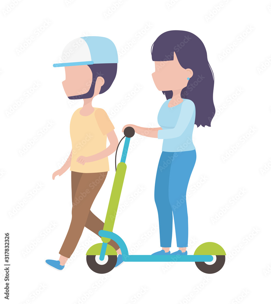 young woman riding electric scooter and man walk young woman riding electric scooter and man walk