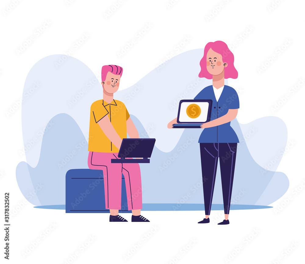 cartoon woman holding a laptop computer and man sitting and using a laptop computer