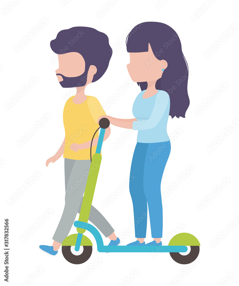 young man and woman riding eletric scooter healthy lifestyle young man and woman riding eletric scooter healthy lifestyle