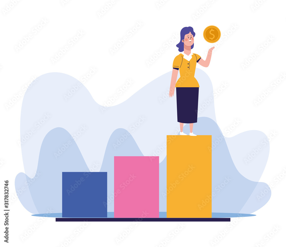 woman holding a money coin standing on chart bar graph woman holding a money coin standing on chart bar graph