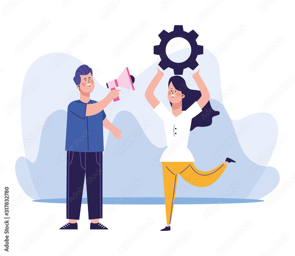 cartoon man using a megaphone and woman with gear wheel cartoon man using a megaphone and woman with gear wheel