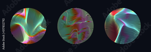 Illuminated holographic circle with glitched texture, wavy lines. Retrofuturistic illustration in 80s-90s Vaporwave, synthwave, retrowave style.