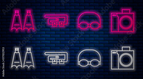 Set line Diving belt, Glasses and cap for swimming, Rubber flippers for swimming and Photo camera for diver. Glowing neon icon on brick wall. Vector