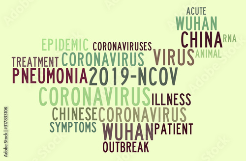 Wuhan coronavirus concept in word tag cloud on yellow background. Word tag cloud about novel coronavirus 2019-nCoV photo