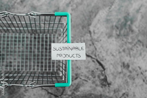 buying sustainable products, empty shopping basket with text on it