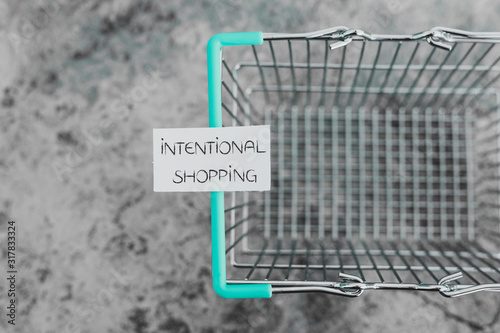 intentional shopping concept, empty shopping basket with text on it