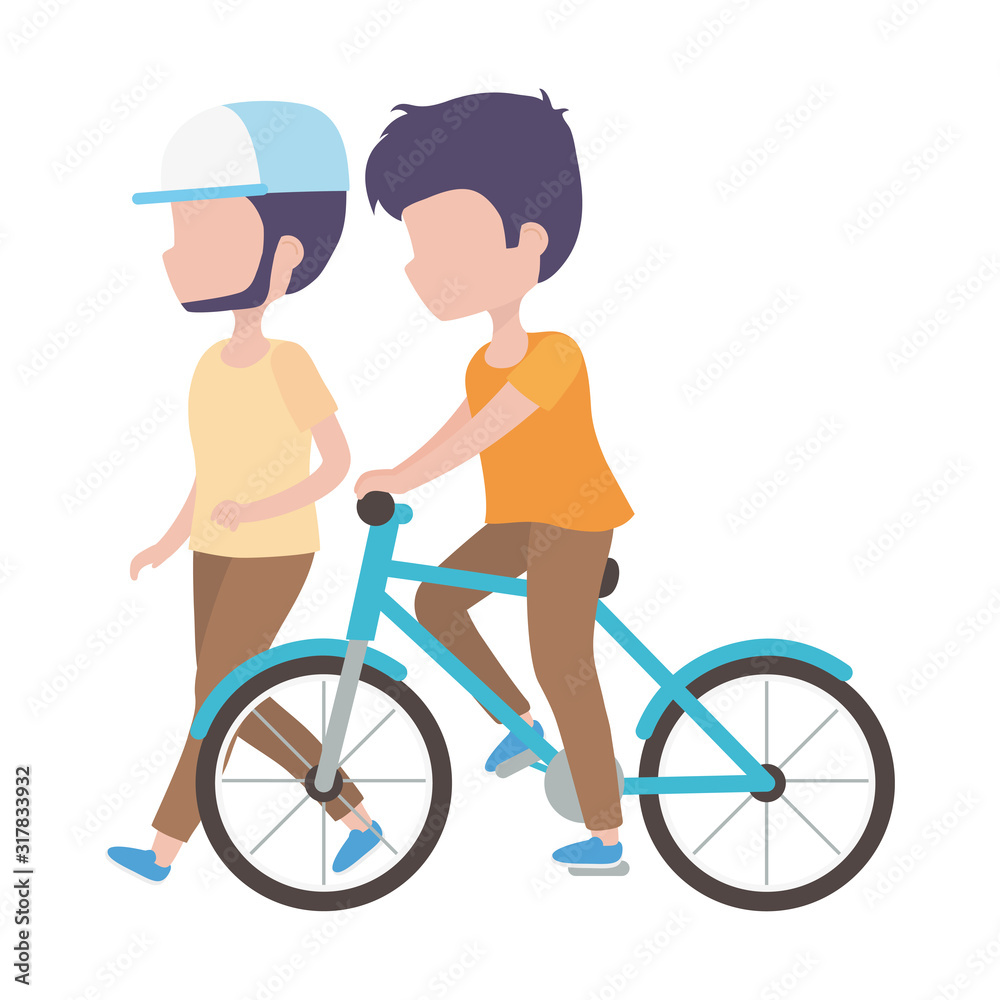 young man riding bike and man walking characters young man riding bike and man walking characters