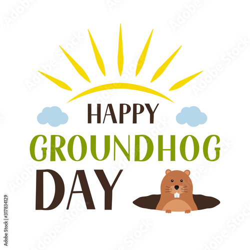 Happy Groundhog Day lettering and cute cartoon marmot crawling out of a hole isolated on white. Easy to edit vector template for greeting card, typography poster, banner, flyer, sticker, etc.