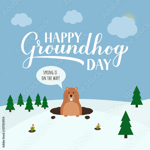 Groundhog Day vector illustration with modern calligraphy hand lettering and cute cartoon marmot crawling out of a hole on a cloudy day. Vector template for postcard, poster, banner, flyer, etc.