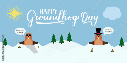 Groundhog Day vector illustration with modern calligraphy hand lettering and cute cartoon marmot crawling out of a hole on a cloudy day. Vector template for postcard, poster, banner, flyer, etc.