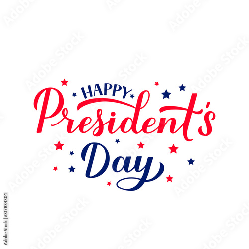 Happy Presidents Day calligraphy lettering isolated on white. American patriotic typography poster. Easy to edit vector template for logo design, banner, greeting card, postcard, flyer, etc.