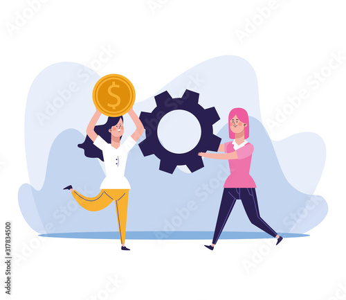 happy woman holding up a money coin and woman holding a gear wheel, colorful design