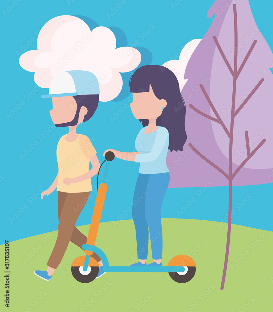 woman riding electric scooter and man walk woman riding electric scooter and man walk