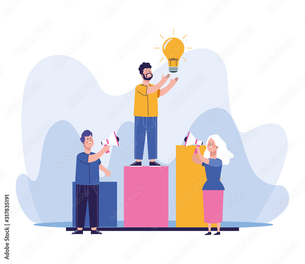 man and woman using a megaphone and man with bulb light standing on chart bar graph man and woman using a megaphone and man with bulb light standing on chart bar graph