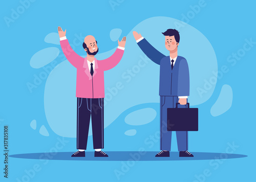 cartoon excited man and businessman holding a portfolio