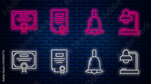 Set line Certificate template, Ringing bell, Certificate template and Table lamp. Glowing neon icon on brick wall. Vector