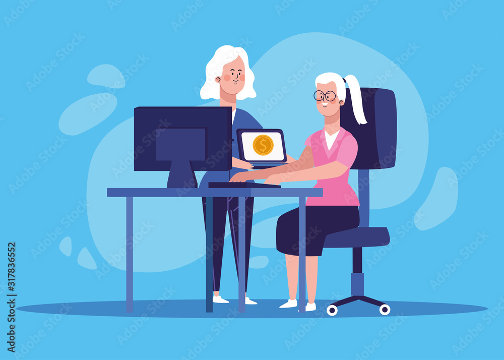 cartoon woman and woman working at office desk with computer
