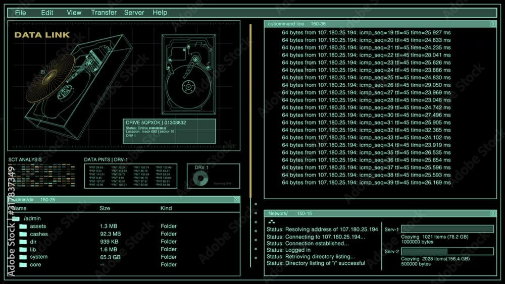 Futuristic Computer Hacker Hard Drive HUD Stealing Data Software. 