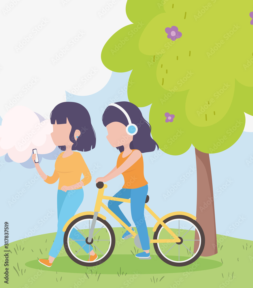 young women with smartphone and bicycle headphones outdoors young women with smartphone and bicycle headphones outdoors