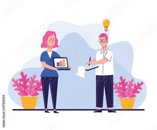 cartoon woman holding a laptop computer and man writing notes