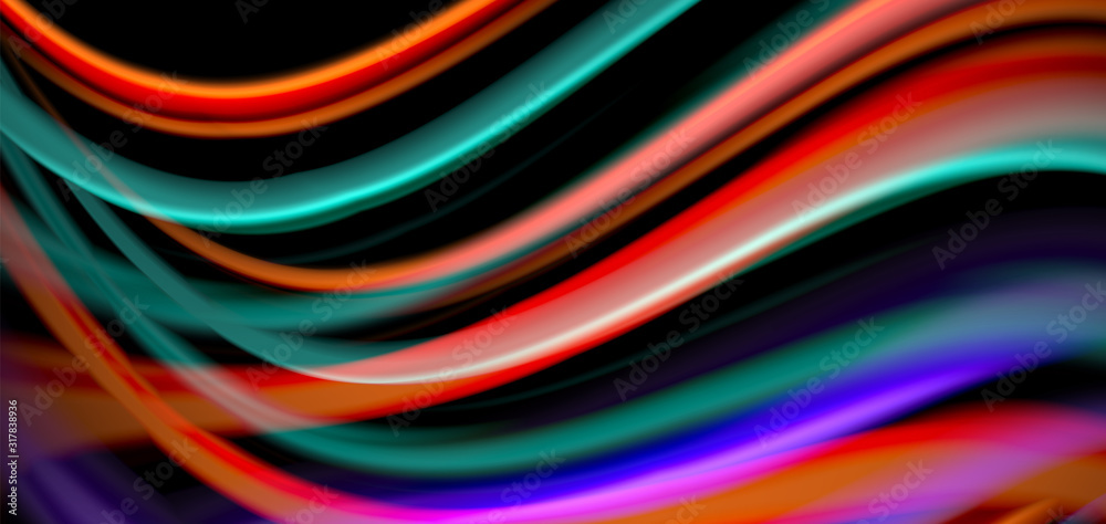 Abstract silk smooth lines on black, multicolored liquid fluid rainbow style waves on black
