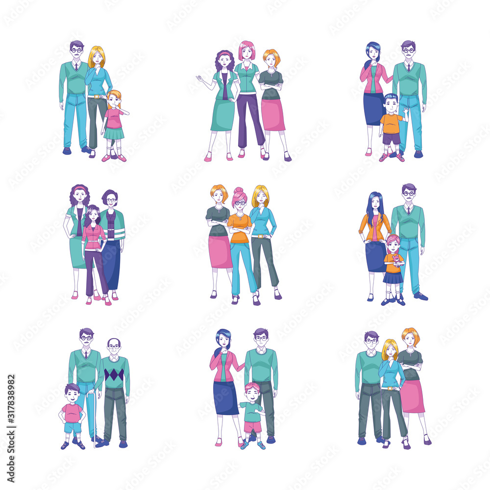 cartoon people standing with kids, colorful design