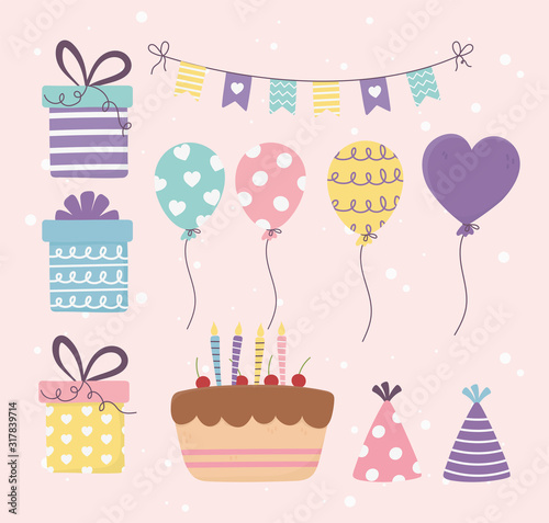 birthday cake gifts balloons bunting decoration celebration happy day set