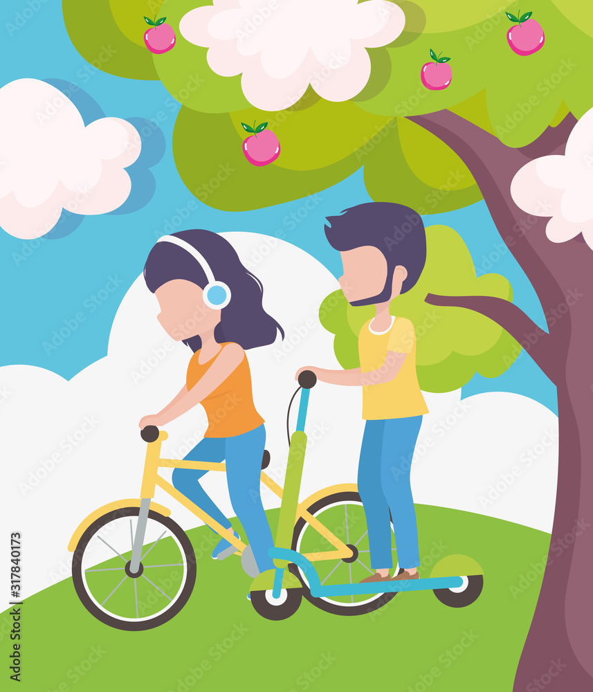 man riding scooter and woman headphones with bike man riding scooter and woman headphones with bike