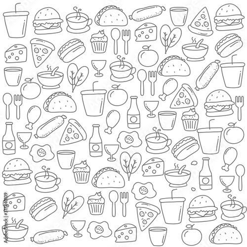 Hand drawn style of foods doodle elements such as burger, vegetable, hot dog, drinks and more. Food doodle background 