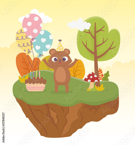 Fototapeta Naklejka Na Ścianę i Meble -  cute bear with party hat cake balloons celebration happy day