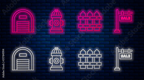 Set line Fire hydrant, Garden fence wooden, Warehouse and Hanging sign with text Sale. Glowing neon icon on brick wall. Vector