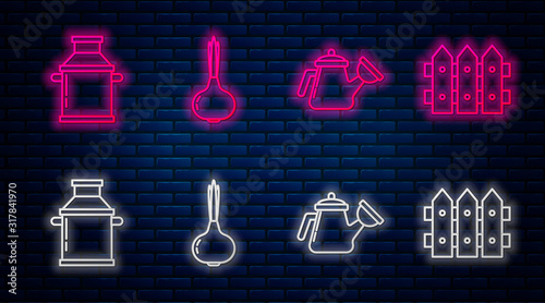 Set line Onion, Watering can, Can container for milk and Garden fence wooden. Glowing neon icon on brick wall. Vector