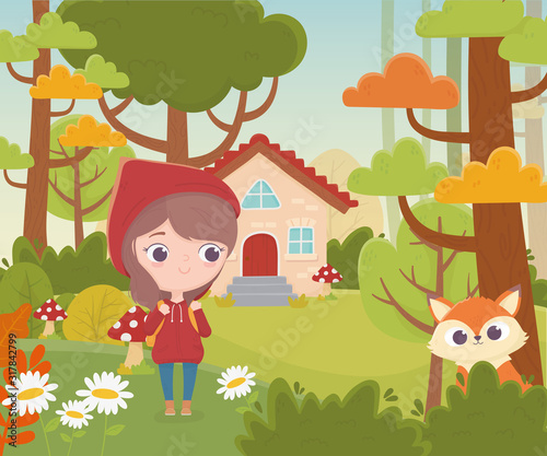 little red riding hood and wolf house forest fairy tale cartoon
