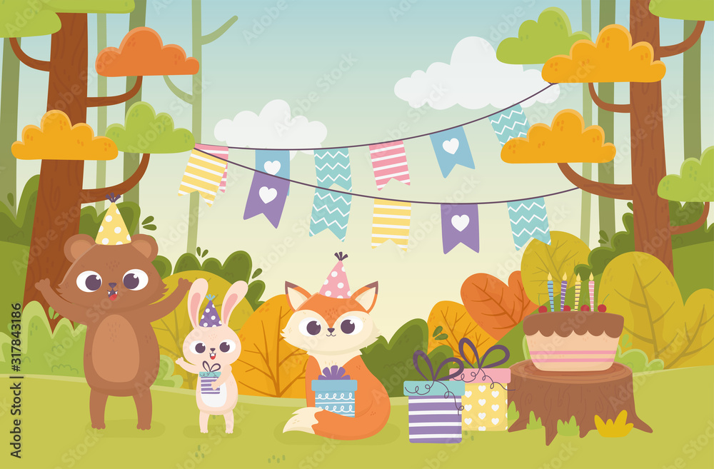 Naklejka premium cute animals with party hats gift cake celebration happy day
