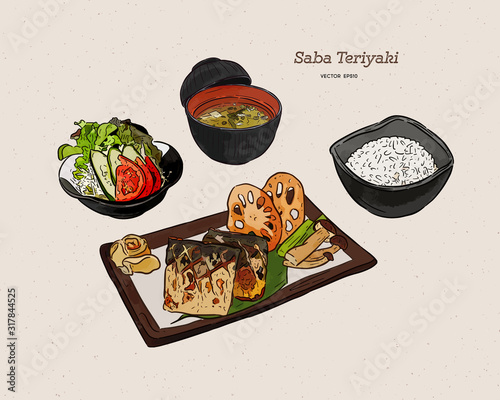 Grilled Saba fish steak with teriyaki sauce - Japanese food style. Hand draw sketch vector.