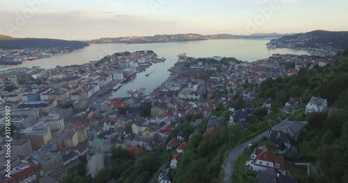 Aerial view of Vågen harbour, Byfjorden fjord and old city from Mount Fløyen (Fløyfjellet), Bergen, Hordaland, Norway, Scandinavia  photo