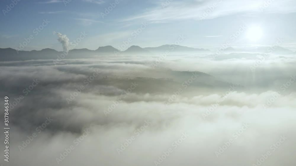 Aerial view of white clouds above plantation on misty morning. Shot in 4k resolution from a drone Aerial view of white clouds above plantation on misty morning. Shot in 4k resolution from a drone