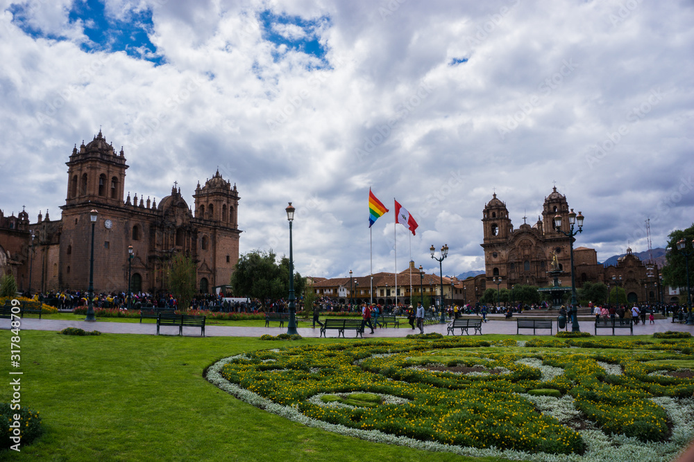 Fototapeta premium Panoramic view of the central square of Cusco in the center of Cusco Peru